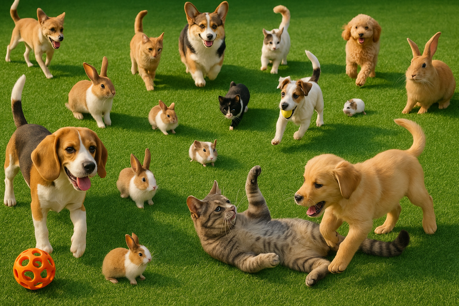 Un montón de mascotas jugando juntos en un césped artificial verde